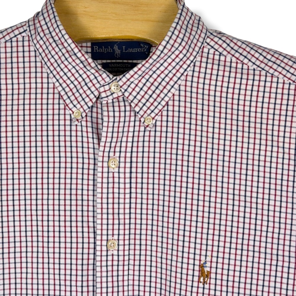 Ralph Lauren Button Down Men 17.5 XXL Red Blue Tattersall Cotton Yarmouth Shirt